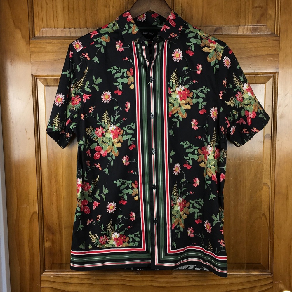 Murano Black Short-Sleeve Floral Button-Down with Green and Red Accents